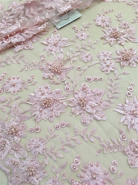 Pink Beaded Floral Lace Fabric 3D Lace Embroidery Lace Fabric