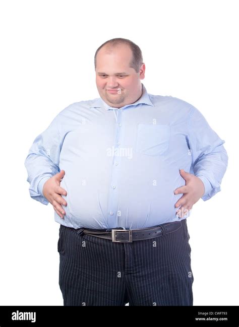 Happy Fat Man In A Blue Shirt Isolated Stock Photo Alamy