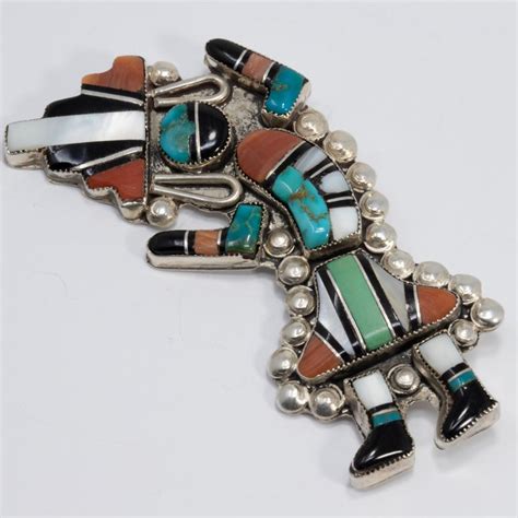 Zuni Native American Rainbow Man Pin Brooch Coral Turquoise Sterling