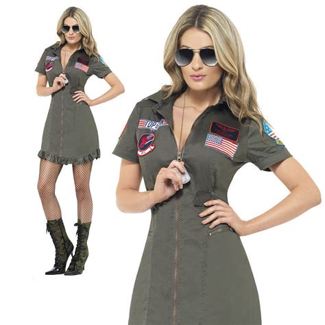 Ladies Deluxe Top Gun Fancy Dress Costume Aviator Pilot Womens Outfit