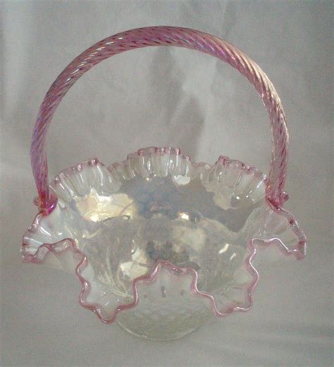 Fenton Basket Pink Crest Opalescent Iridescent Hobnail Vintage Art Glass Glass Perfume Bottle