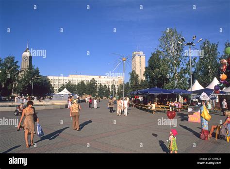 People At Center Square Of City In Krasnoyarsk Siberia Russia Stock