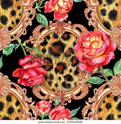 Seamless Pattern Of Leopard Skins In A Golden Frame Of Baroque And Red