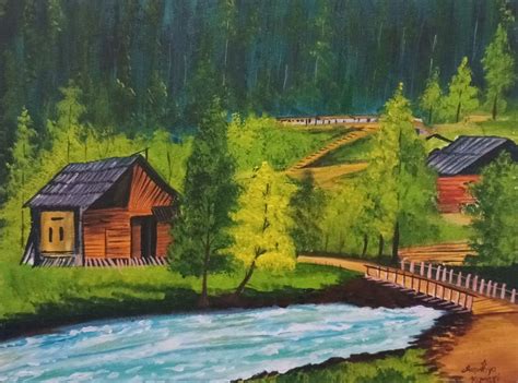 Buy Beautiful Landscape With River And Mountain Huts