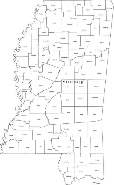 Black And White Mississippi Digital Map With Counties