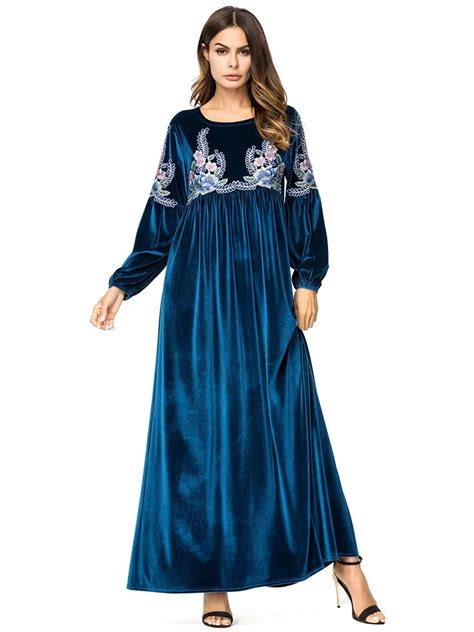 women embroidery long sleeve muslim abaya dress gown dubai moroccan