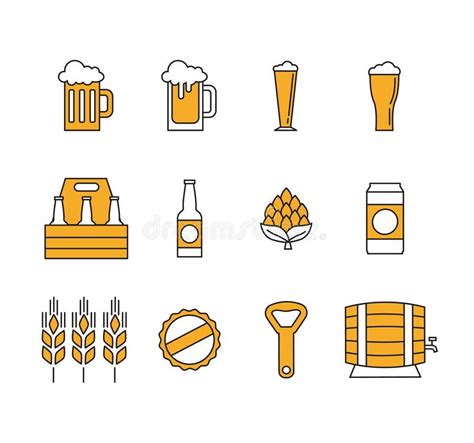 set of different flat line beer icons isolated on white background beer bottle glass opener
