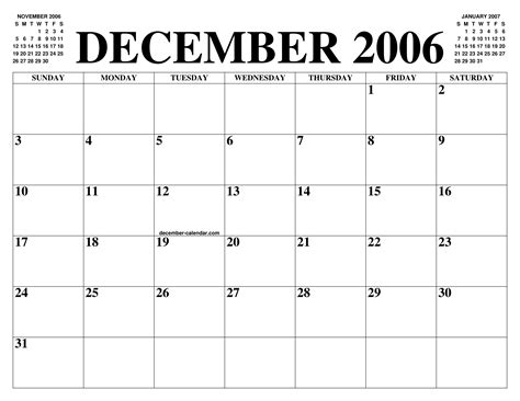 December 2006 Calendar Of The Month Free Printable December Calendar