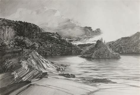 Lakes Island Graphite Drawing Landscape L Goenvec Landscape Sketch Monochrome Art