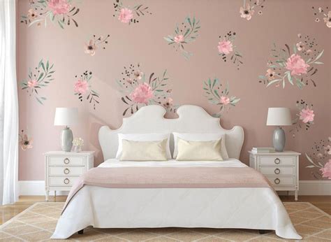 Pink Tan Brown And Green Watercolor Flower Decals On A Pink Wall