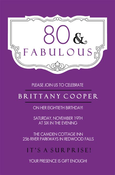 80th Birthday Invitations Purple And Fabulous 80th Birthday Invitation