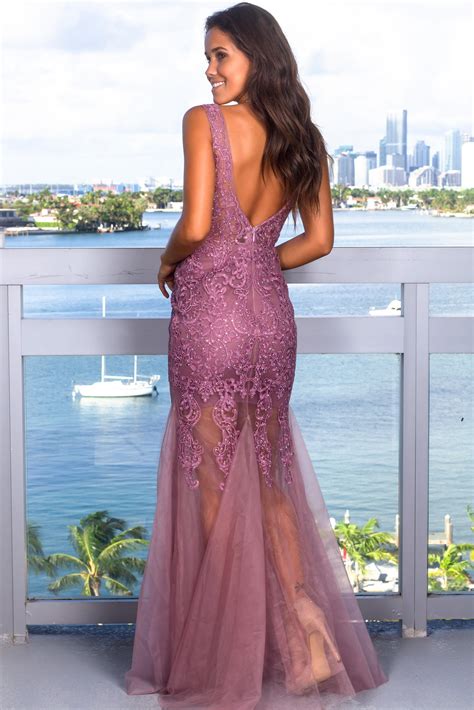 Mauve Lace Maxi Dress With Tulle Detail Maxi Dresses Saved By The Dress