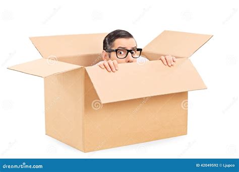 Scared Man Hiding In A Carton Box Stock Photo Image Of Cautious