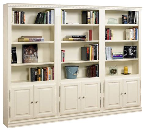 Hampton Tall 3 Pc Bookcase Wall W Doors In Pearl White Finish