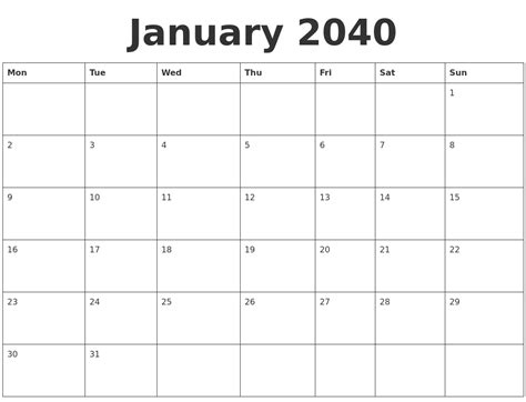 January 2040 Blank Calendar Template