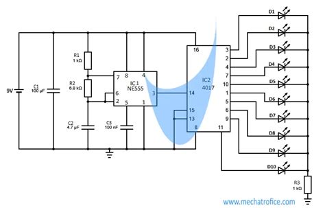 Led Chaser Circuit Using Ic 4017 And 555