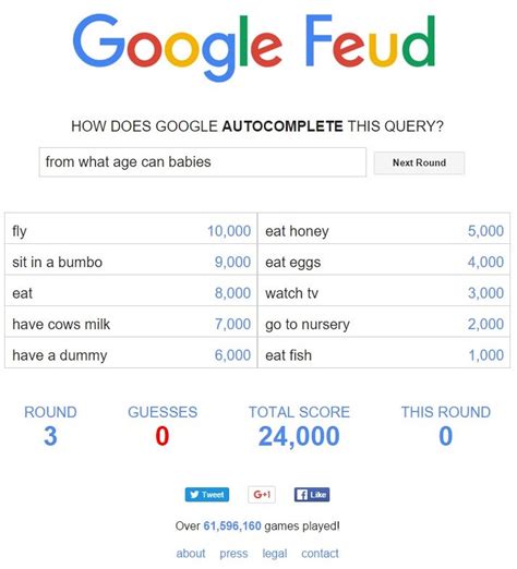 This game has received 1581 plays and 51% of game players have upvoted this game. Google Feud Answers Do Babies Like - Google Feud HOW DOES GOOGLE AUTOCOMPLETE THIS QUERY? The ...