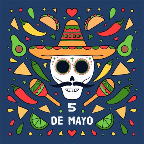 Cinco de mayo drawing skull art human skull for mexican. Cinco de mayo with skull | Free Vector