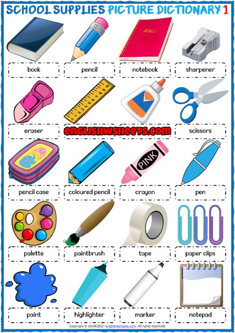 School Supplies Esl Printable Picture Dictionary Worksheets