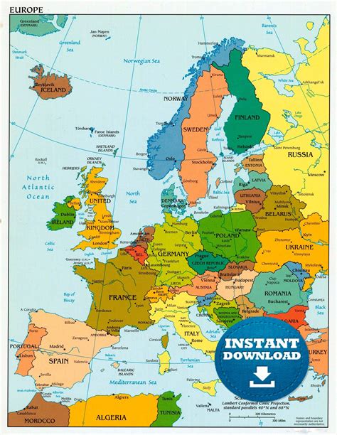 Digital Modern Political Colorful Map Of Europe Printable Etsy