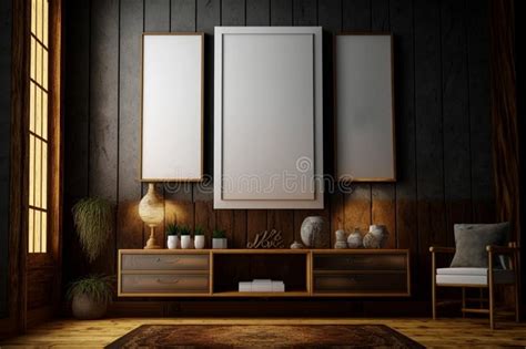 Poster Mockup With Vertical Frames On Empty Dark Wooden Wall In Living