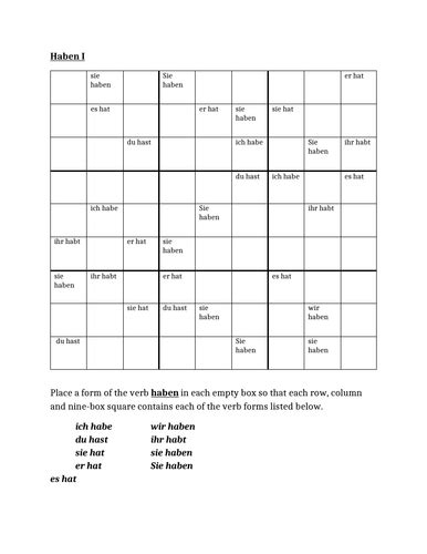 Haben German Verb Present Tense Sudoku Teaching Resources