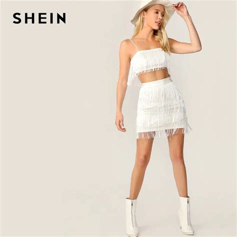 Shein Sexy White Fringe Detail Cami Crop Top And Layered Bodycon Skirt
