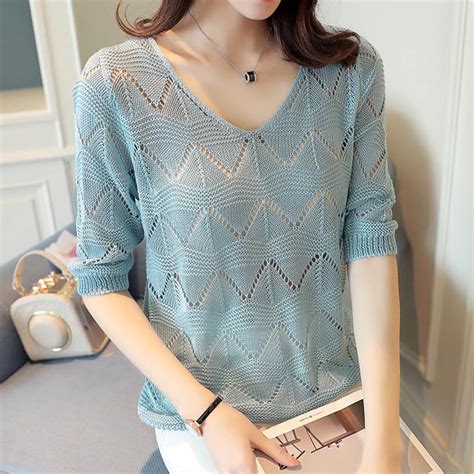 Women Summer Hollow Out Knitwear V Neck Half Sleeve Straight Loose