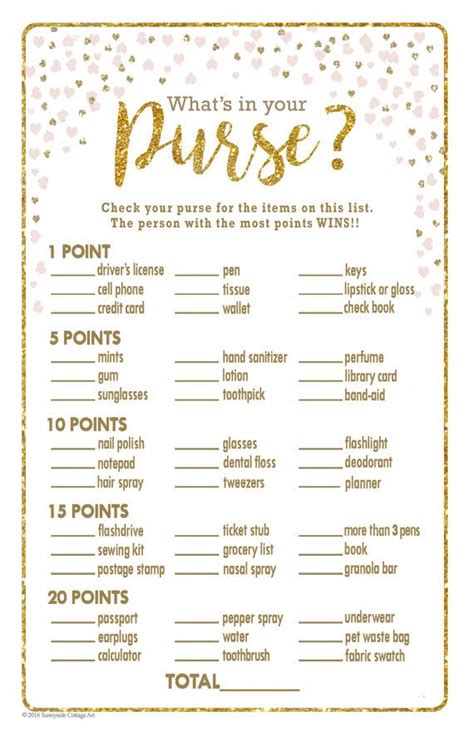 Bridal Shower Game What Is In Your Purse Game With Gold Glitter