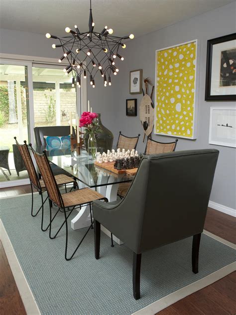 Eclectic Gray Dining Room With Yellow Art Funky