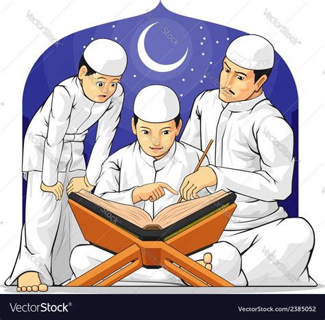 Kids Learn To Read Al Quran With Their Father Vector Image