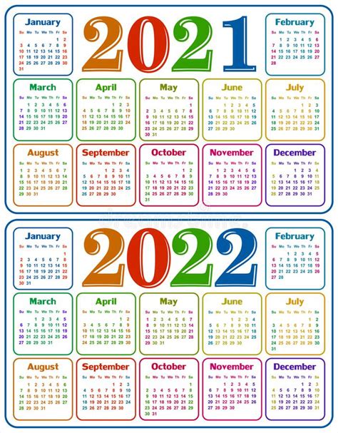Calendar For 2021 And 2022 Stock Vector Illustration Of Year Color