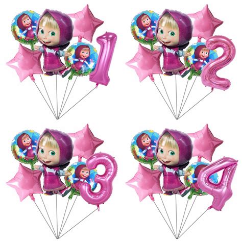 6pcsset Masha And The Bear Theme Cartoon 32 Inch Pink Number Foil Balloons Birthday Party