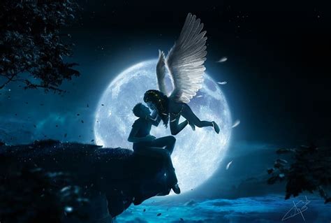 Fantasy Night Moon Angel Kiss Hd Wallpaper Peakpx