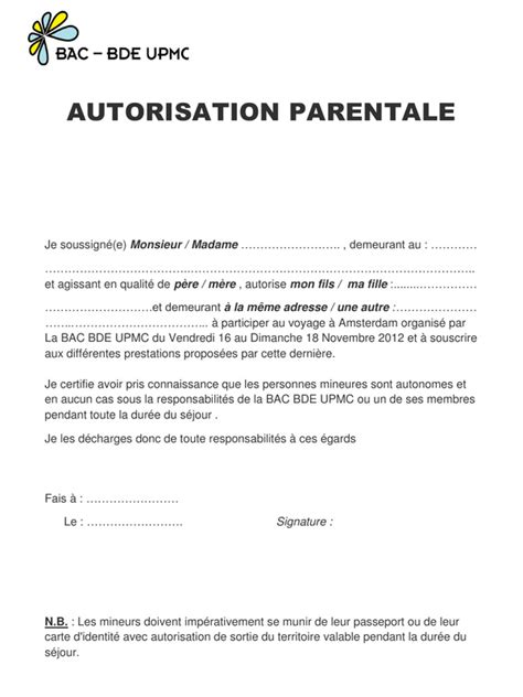 Lettre Autorisation Parentale