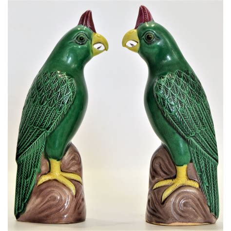 Vintage Small Chinese Porcelain Parrot Bird Figurines A Pair Oriental