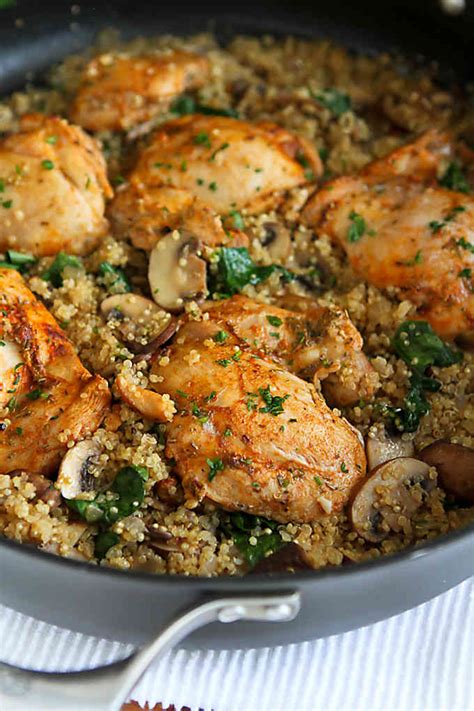 Pour 1/2 cup water into the mixture; One-Pot Chicken, Quinoa, Mushrooms & Spinach - Easy Dinner ...