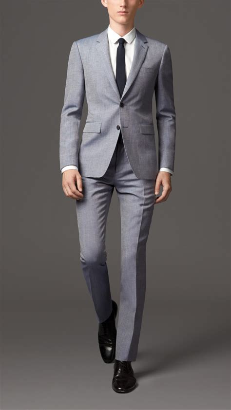 The jacket sits close on the shoulders and waist, tapering out gently on the hips, while the trousers are slim on the leg complementing every shape. Lyst - Burberry Slim Fit Wool Linen Suit in Blue for Men