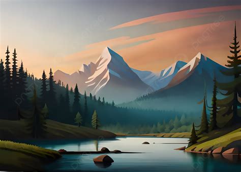 Wallpaper Lukisan Cat Minyak Pegunungan Puncak Putih Dan Sungai Hutan