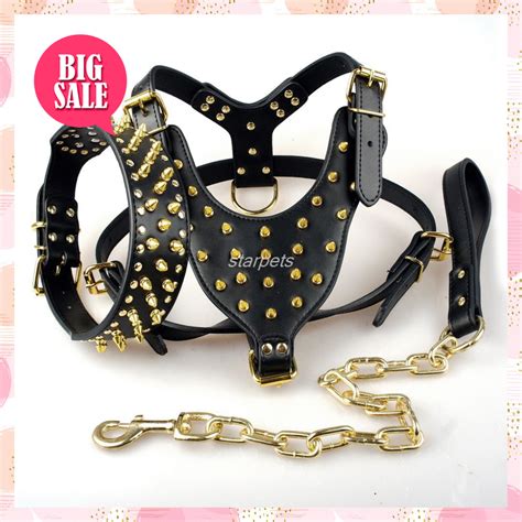 Spiked Studded Leather Dog Harness ~ Pet Pitbull Collar And Leash Set