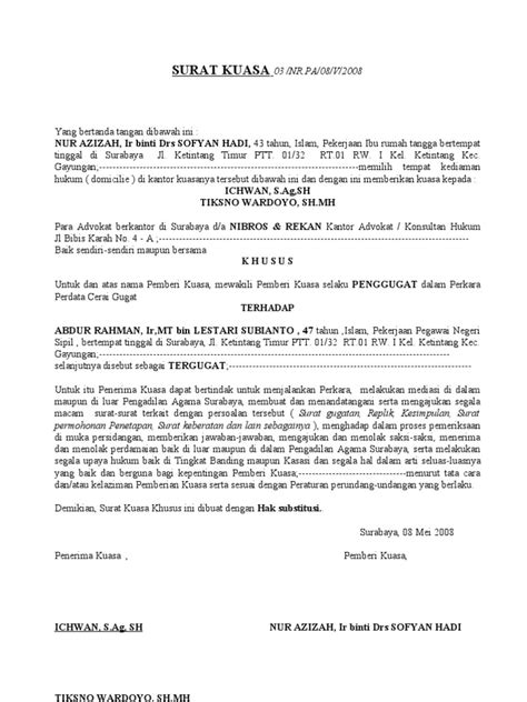 Contoh tersebut terdiri surat kuasa khusus, pengambilan bpkb, uang, ijazah, dan tanah. Download Contoh Surat Kuasa Khusus Perdata