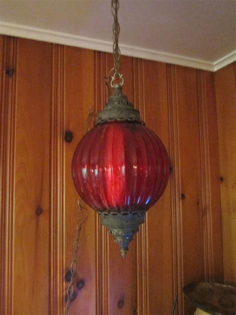 Vintage 60s70s Modern Red Glass Hanging Swag Light Lamp Red Glass