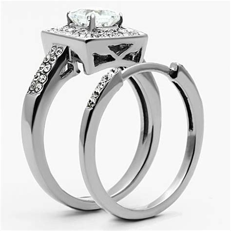 Artk1088 Stainless Steel Wedding Ring Set 265 Ct Halo Princess Cut Cz