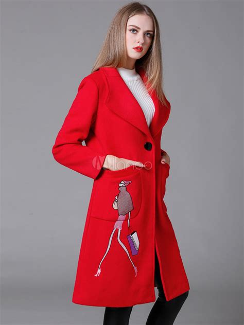 Red Winter Coats Womens Embroidered Gabardine Long Sleeve Outerwear