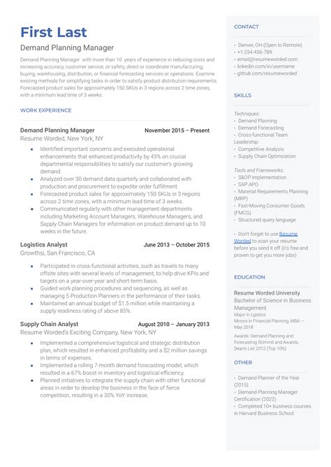 2 Demand Planning Manager Resume Examples for 2024 | Resume Worded