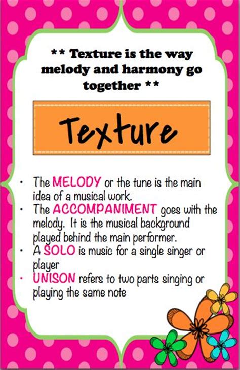 In music, the texture is how the tempo, melodic, and harmonic materials are combined in a musical composition, determining the overall quality of the sound in a piece. 106 best images about Teacher-Elements of Music on Pinterest | Elementary music, Garageband and ...