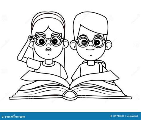 Young Kids Reading A Books Black And White Stock Vector Illustration