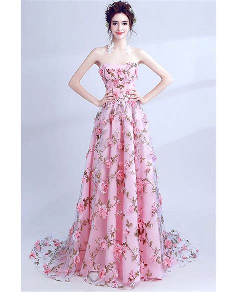 Fairy Pink Floral Printed Prom Dress Strapless Long For Teens Agp18043