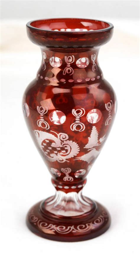 Vtg Bohemian Egerman Ruby Red Cut To Clear Etched Glass Bird Castle Vase L1a Tamarack Shack