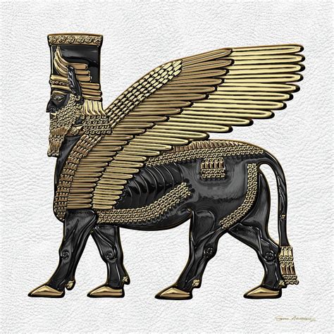 Assyrian Winged Bull Gold And Black Lamassu Over White Leather